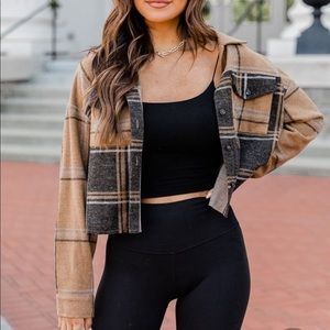 Pink Lily West Of Here Taupe/Brown Cropped Plaid Shacket